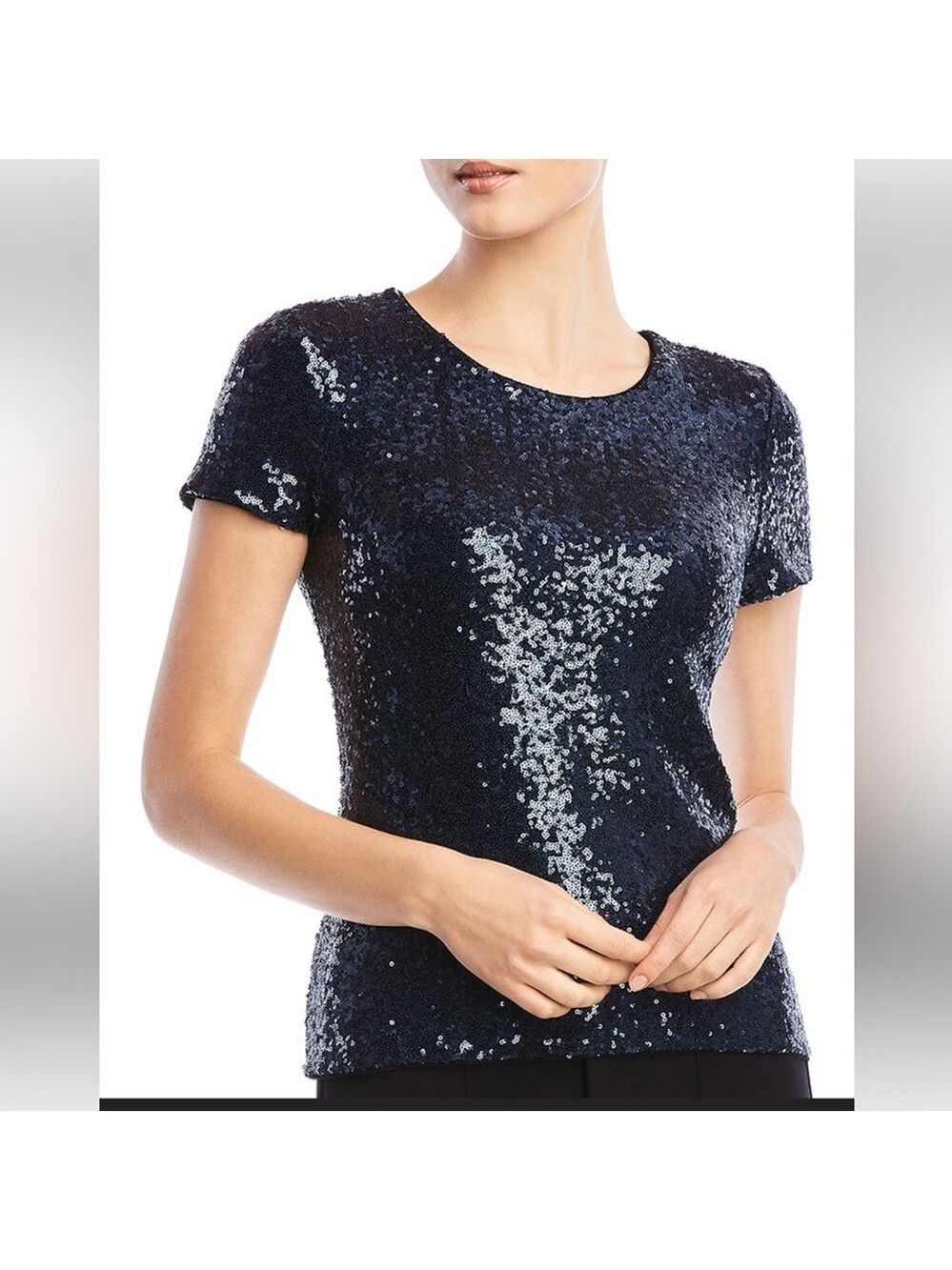 Bailey 44 Edie Sequin Navy Blue Short Sleeve crew Neck Top Size Small